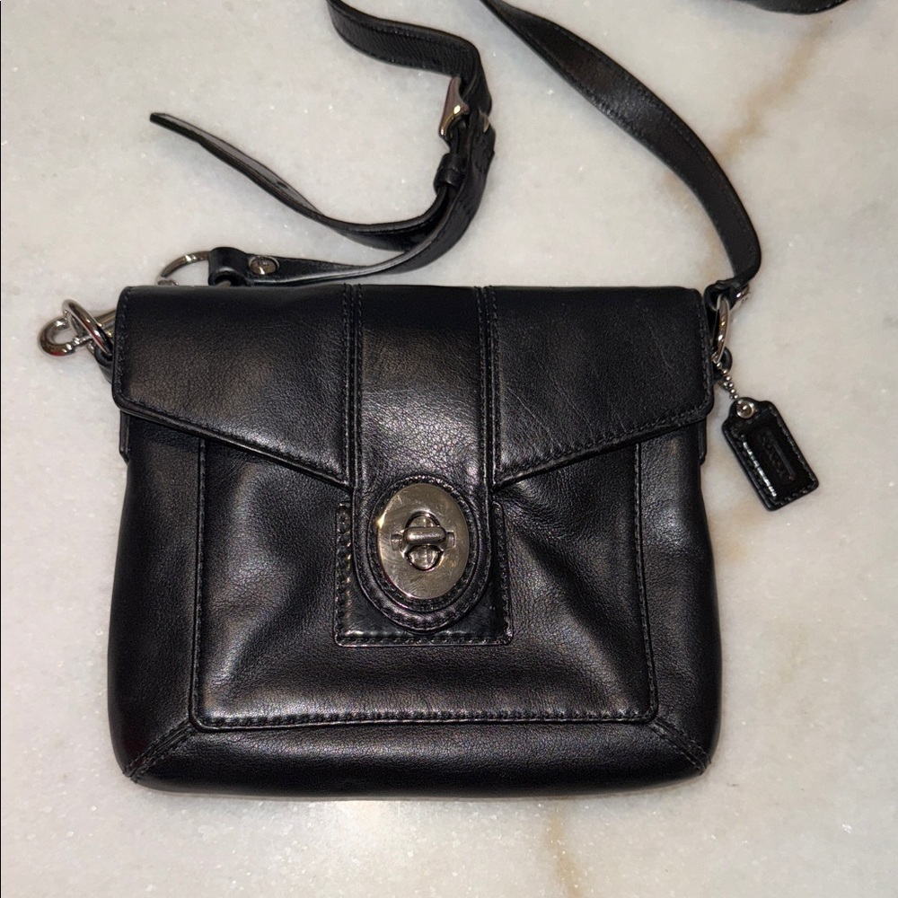 Coach Black Leather Crossbody Bag with blue inside